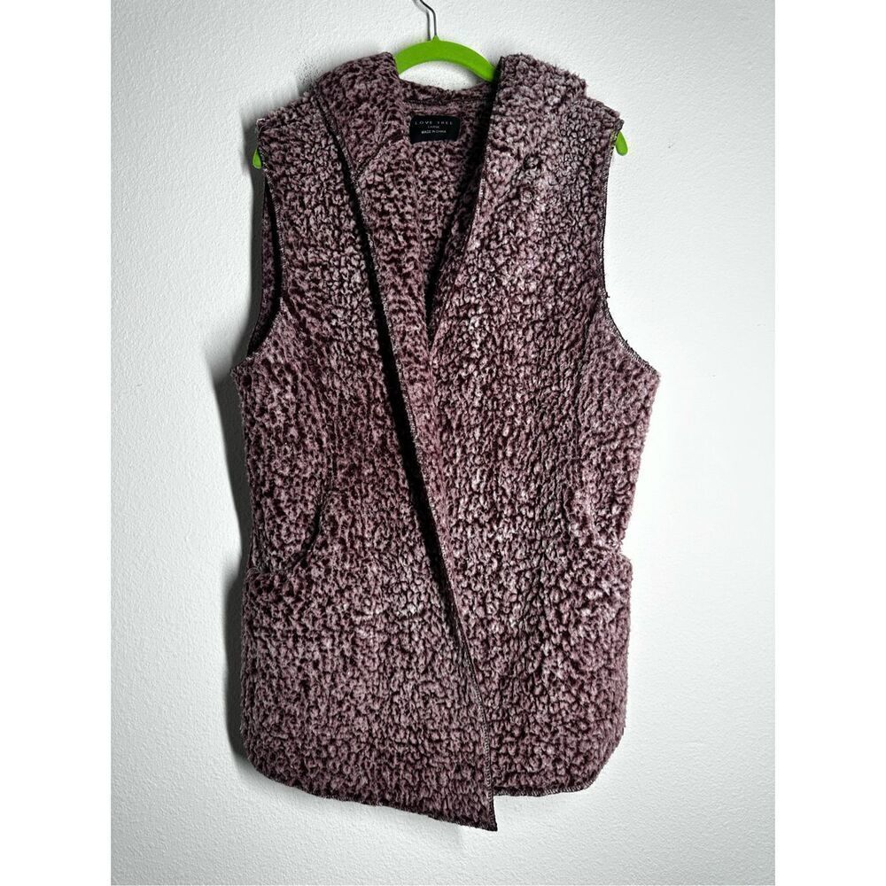 LOVE TREE Women’s Sz L Burgundy Sleeveless Fleece Sherpa Vest Jacket Open Front